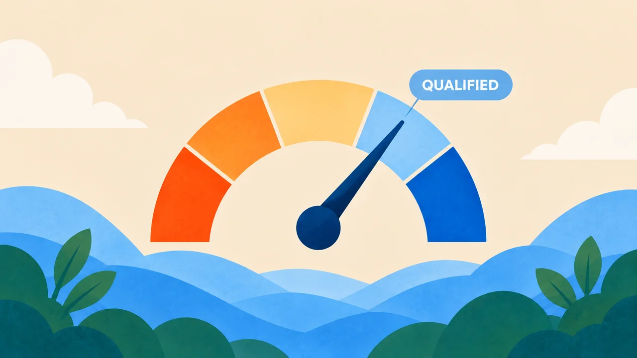 Illustration of a credit score gauge running from red to blue, with the needle pointing to a light blue section labeled Qualified, above rolling blue hills and green leaves.