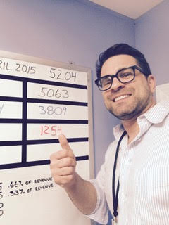 A team member smiling and giving a thumbs up beside a whiteboard of numbers